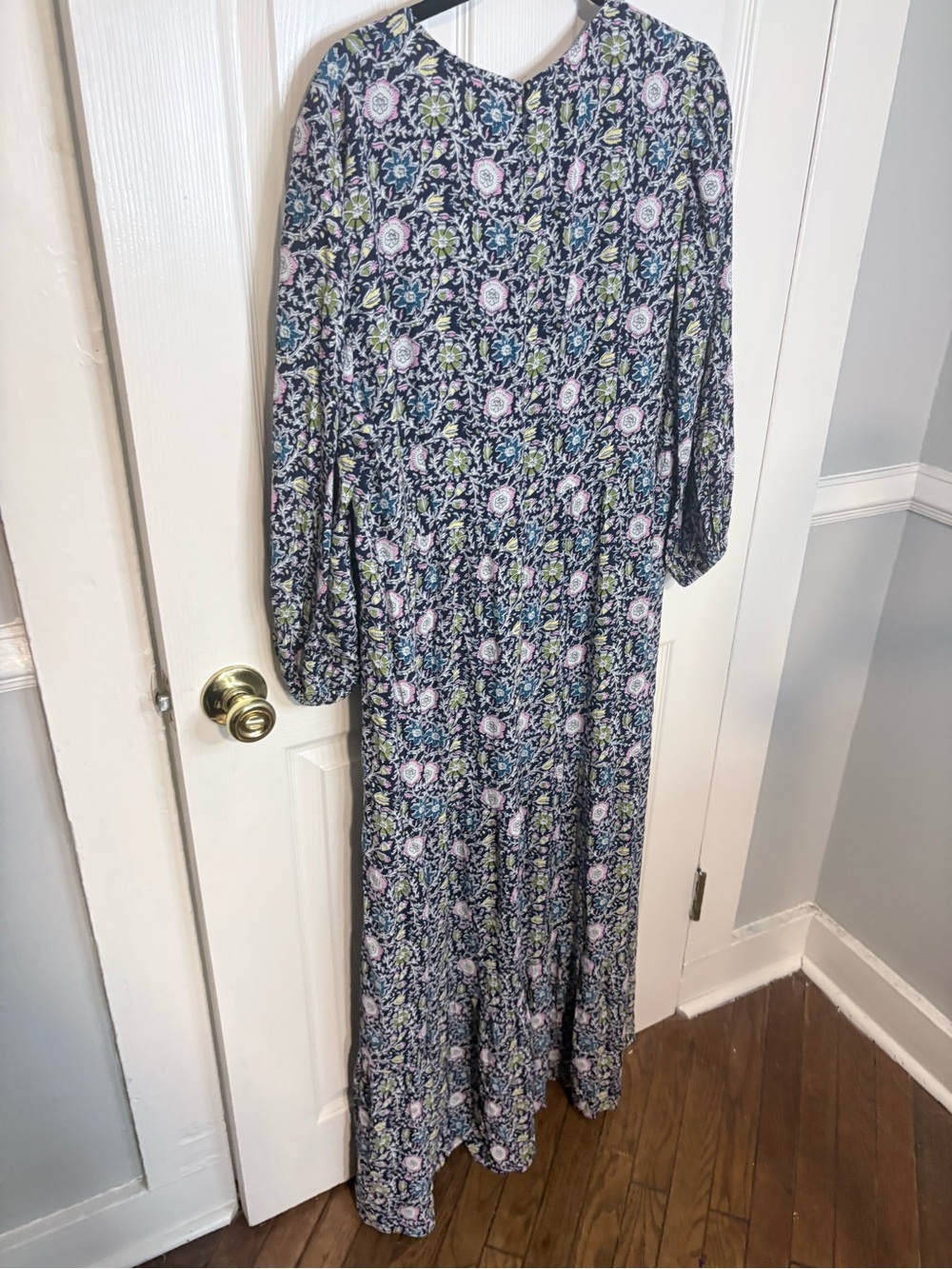Boden Floral Maxi Dress Size 14 V-Neck Balloon Sleeve EcoVero Navy - Picture 9 of 11
